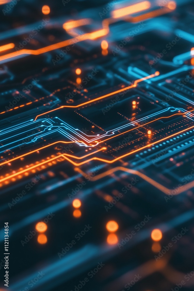 A glowing circuit design with realistic neon elements in dark tones. A glowing circuit design with realistic neon elements in dark tones.