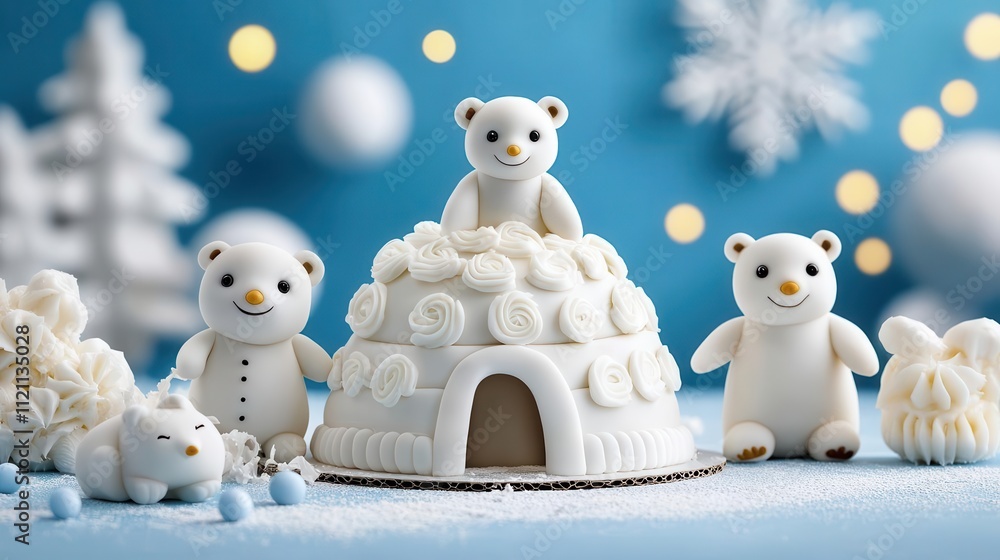 Cute polar bear cake decorations on a blue background with snowflakes. Cute polar bear cake decorations on a blue background with snowflakes.