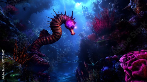 Enchanted Seahorse in a Bioluminescent Reef photo