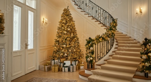 Elegant staircase, Christmas tree with lights, festive decorations, luxurious interior, white walls, grand entrance, gifts wrapped in gold and silver, cozy and opulent atmosphere, large windows, class