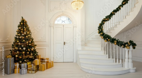 Elegant staircase, Christmas tree with lights, festive decorations, luxurious interior, white walls, grand entrance, gifts wrapped in gold and silver, cozy and opulent atmosphere, large windows, class