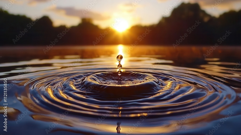Water droplet creating ripples at sunset over a serene lake. Water droplet creating ripples at sunset over a serene lake.
