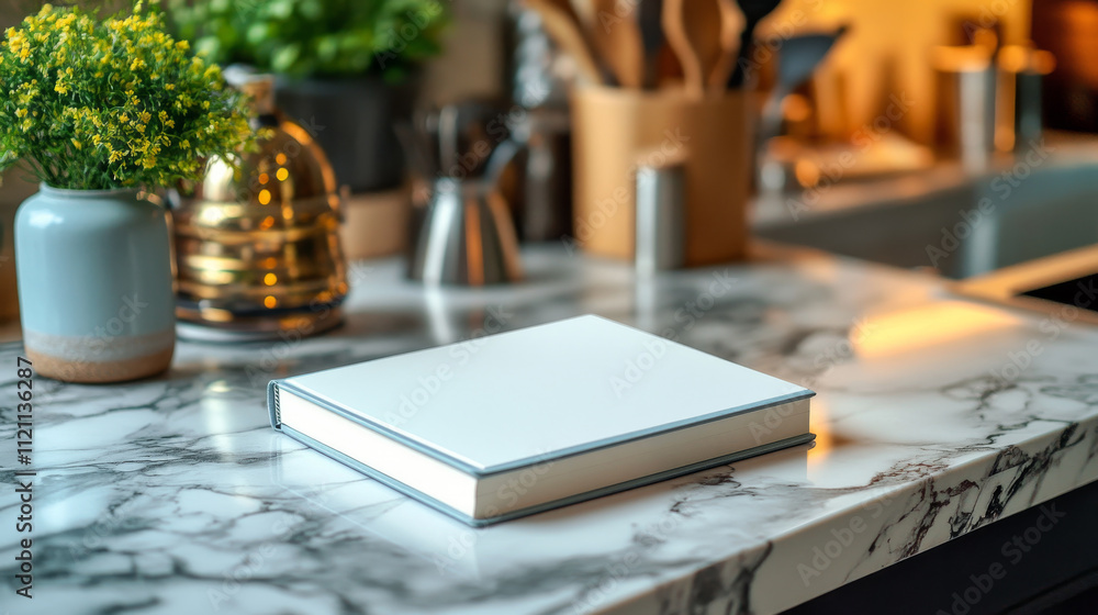 A blank book rests on a marble kitchen counter, next to a vase of yellow flowers. Soft light illuminates the scene. A blank book rests on a marble kitchen counter, next to a vase of yellow flowers. Soft light illuminates the scene.