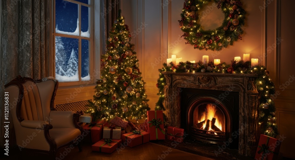 Elegant living room, Christmas tree with lights and ornaments, festive wreath on fireplace, cozy armchair, luxurious decor, marble fireplace with burning fire, snowy window view, warm and inviting atm Elegant living room, Christmas tree with lights and ornaments, festive wreath on fireplace, cozy armchair, luxurious decor, marble fireplace with burning fire, snowy window view, warm and inviting atm