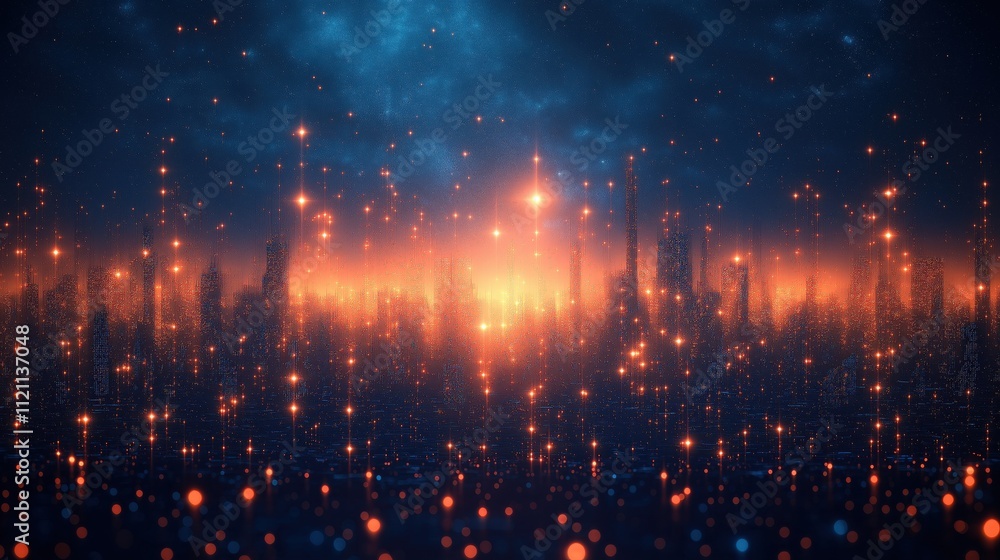 A cityscape with a bright orange sun in the background A cityscape with a bright orange sun in the background