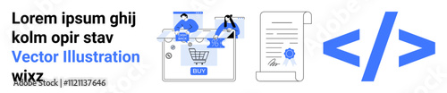 People adding items to e-commerce cart on device, document with feather pen, and coding icon in blue. Ideal for online shopping, digital marketing, coding tutorials, tech startups, mobile apps