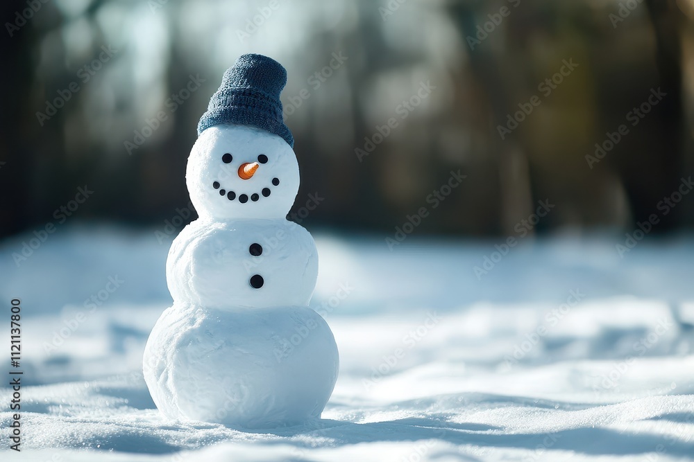 A cheerful snowman stands in a snowy landscape, wearing a blue hat, showing a smile with its carrot nose and coal eyes. A cheerful snowman stands in a snowy landscape, wearing a blue hat, showing a smile with its carrot nose and coal eyes.