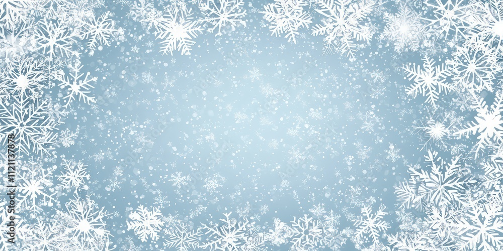 A frame of detailed white snowflakes along the edges, leaving the center open for text, on a light blue background. A frame of detailed white snowflakes along the edges, leaving the center open for text, on a light blue background.