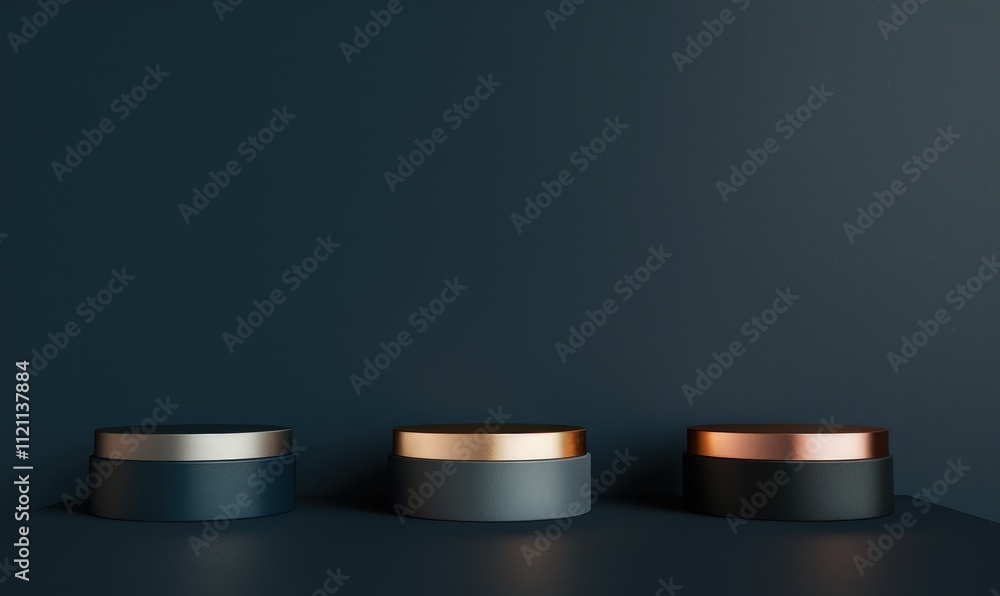 Three round podiums in dark blue. gray. and black with copper accents against a dark blue background Three round podiums in dark blue. gray. and black with copper accents against a dark blue background