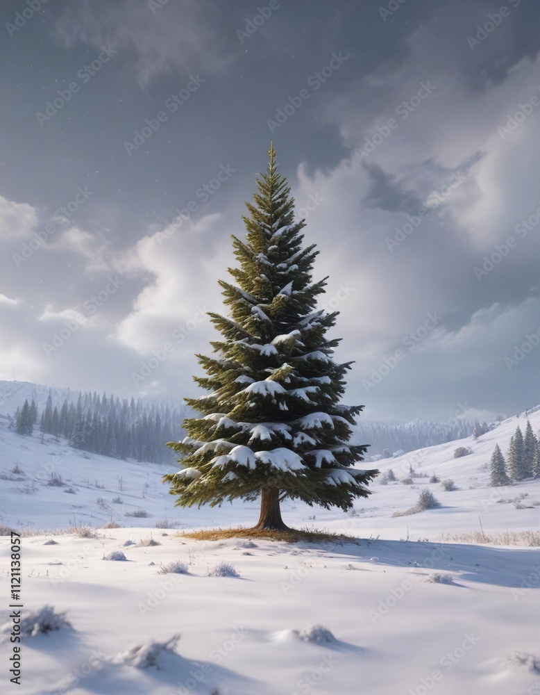 Fototapeta premium A majestic Christmas tree standing tall in a snow-covered field, snowy landscape, Christmas tree field
