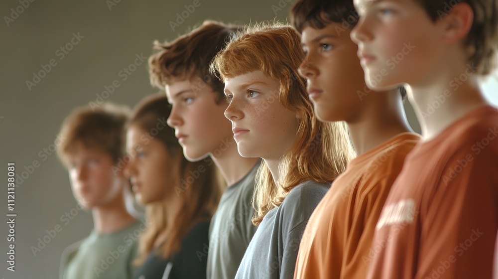 A group of students participating in a spelling bee, standing nervously in line, waiting for their turn. A group of students participating in a spelling bee, standing nervously in line, waiting for their turn.