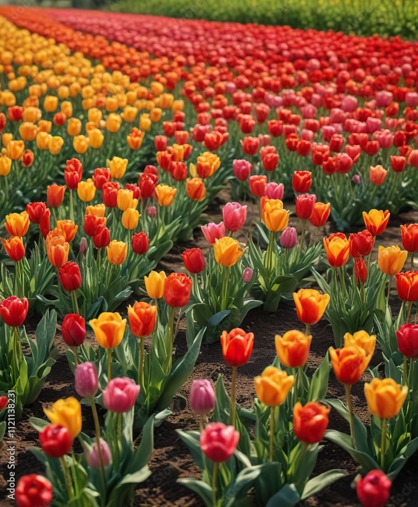 Field of colorful tulips blooming in the warm sunlight, spring, garden, tulip Field of colorful tulips blooming in the warm sunlight, spring, garden, tulip