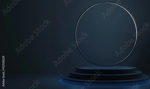 A minimalist black and blue podium with a circular halo light against a dark background