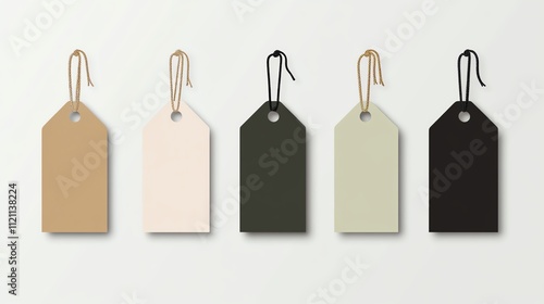 Set of five blank paper tags in varying colors with strings on neutral background. photo