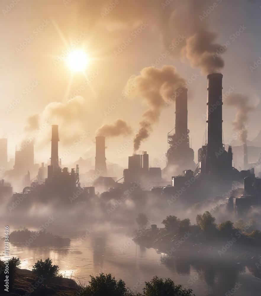 Sunlight reflecting off a misty air pollution scene, climate change impacts, pollution monitoring, environmental degradation Sunlight reflecting off a misty air pollution scene, climate change impacts, pollution monitoring, environmental degradation