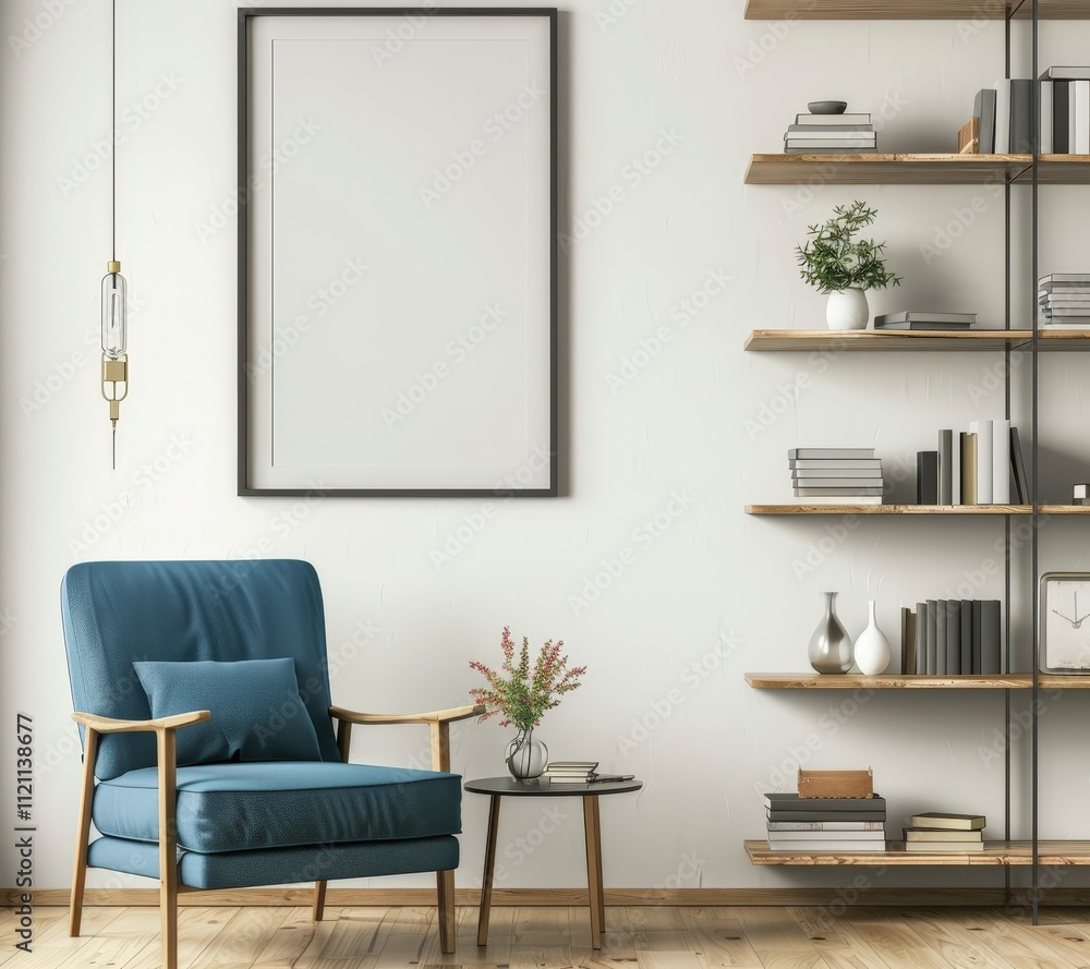 A cozy living room with a blue armchair. a coffee table. a bookshelf. and a blank picture frame A cozy living room with a blue armchair. a coffee table. a bookshelf. and a blank picture frame