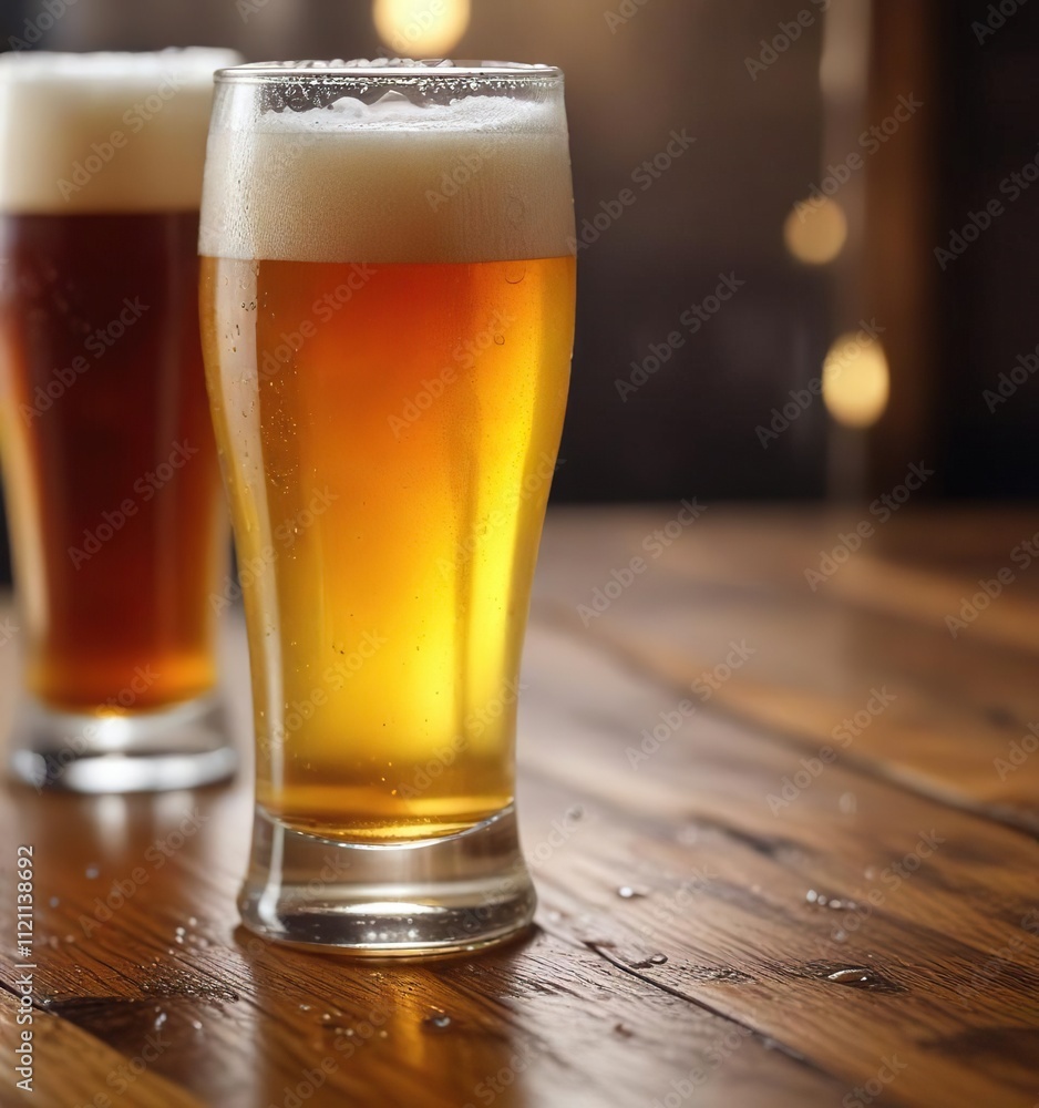 A glass of beer on a wooden table with a single droplet of condensation on the side of the glass, beverage, warm lighting, home bar A glass of beer on a wooden table with a single droplet of condensation on the side of the glass, beverage, warm lighting, home bar