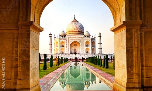 Wallpaper Mural A stunning view of the Taj Mahal framed by an archway, reflecting in a serene pool. Torontodigital.ca