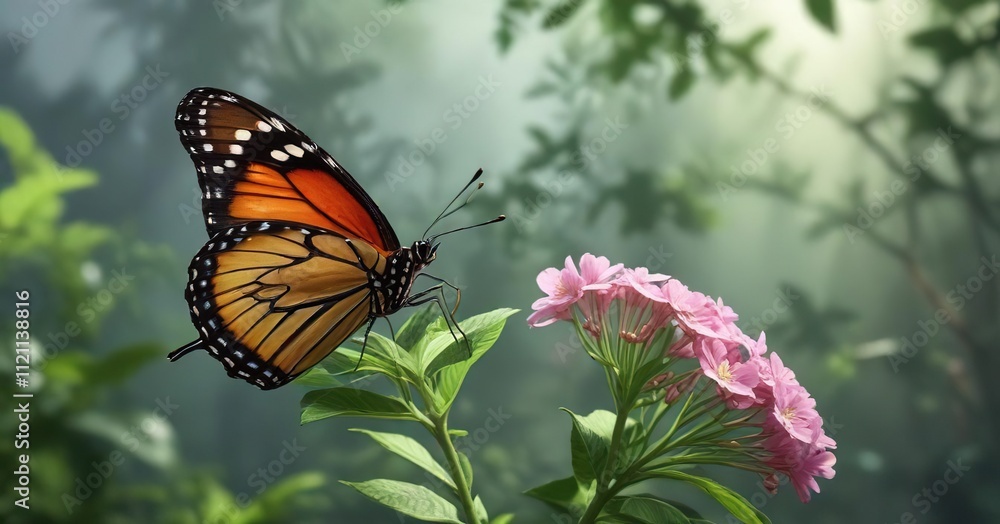 Obraz premium Butterfly resting on a flower stem with leaves, nature, entomology
