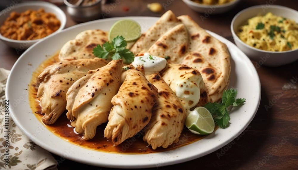 Chicken cooked in a mixture of spices and yogurt served with roti or paratha on a plate, meat marinade, , homemade recipe ideas Chicken cooked in a mixture of spices and yogurt served with roti or paratha on a plate, meat marinade, , homemade recipe ideas