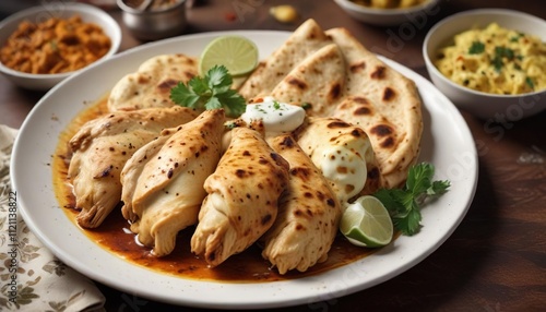 Chicken cooked in a mixture of spices and yogurt served with roti or paratha on a plate, meat marinade, , homemade recipe ideas