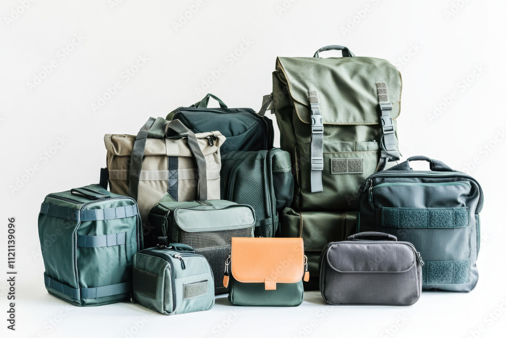 A variety of durable, multi-colored backpacks and pouches arranged against a plain white background, showcasing different styles and sizes for diverse storage needs. A variety of durable, multi-colored backpacks and pouches arranged against a plain white background, showcasing different styles and sizes for diverse storage needs.