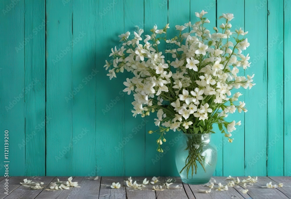 a gorgeous arrangement of jasmine flowers with some loose petals scattered around on a beautifully crafted turquoise-painted wooden wall , natural beauty, turquoise wall, floral elements a gorgeous arrangement of jasmine flowers with some loose petals scattered around on a beautifully crafted turquoise-painted wooden wall , natural beauty, turquoise wall, floral elements