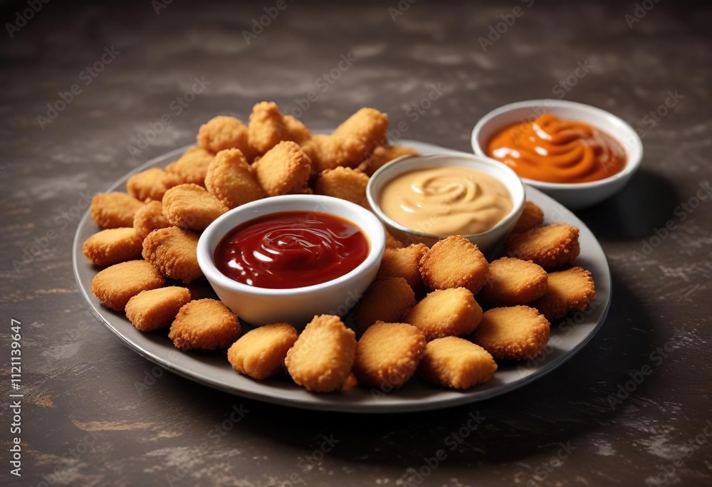Fototapeta premium A plate of crispy fried chicken nuggets with dipping sauce , golden brown, savory