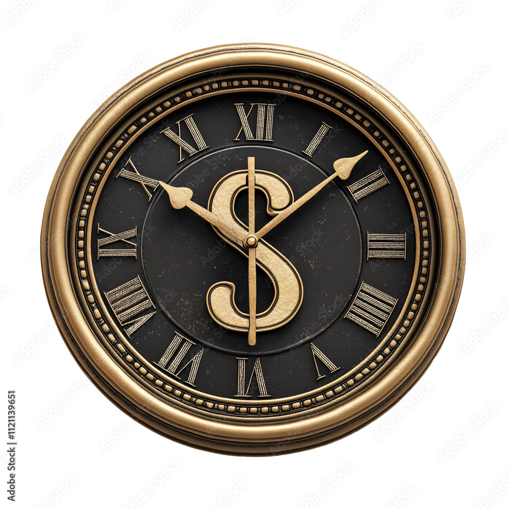Clock with dollar sign and roman numerals isolated on transparent background. Clock with dollar sign and roman numerals isolated on transparent background.