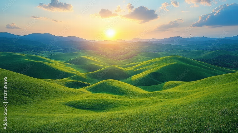 Fototapeta premium Breathtaking Sunrise Over Rolling Green Hills with Soft Clouds and a Warm Glow Illuminating a Stunning Natural Landscape in the Early Morning Light