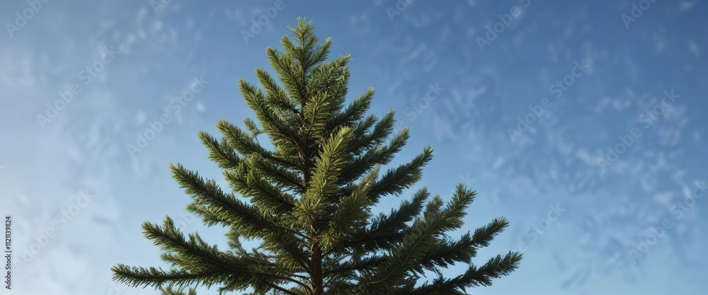 High-angle shot of fir tree against a clear blue sky, winter landscape, frosty atmosphere High-angle shot of fir tree against a clear blue sky, winter landscape, frosty atmosphere