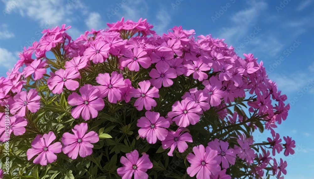 Fototapeta premium Phlox bush in full bloom against a blue summer sky, natural beauty, phlox