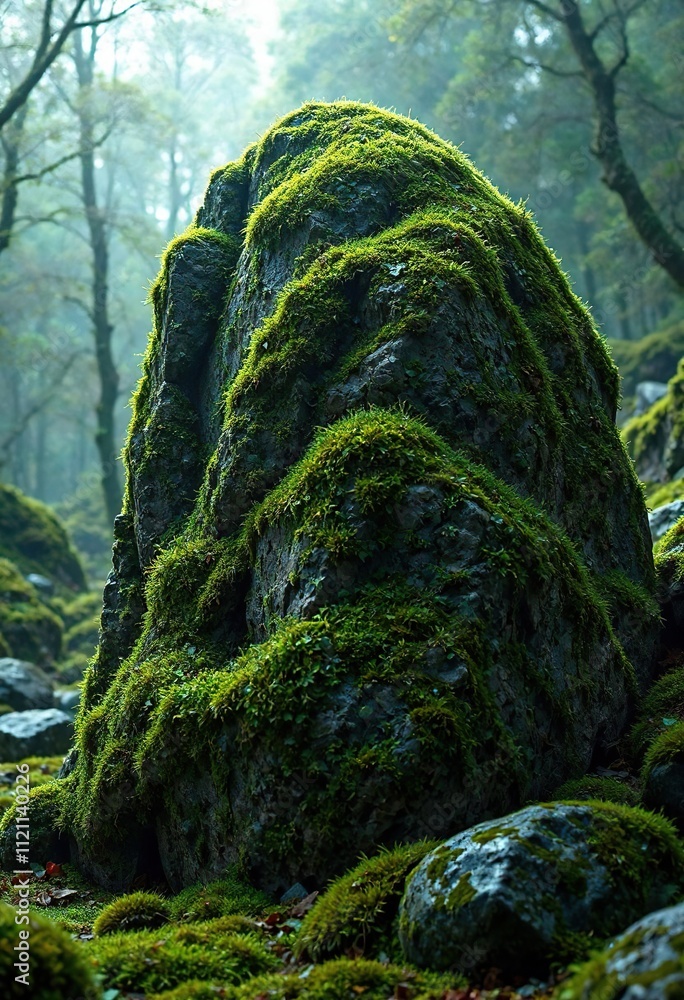 Deep green moss-covered stone with mossy texture, scenery, natural Deep green moss-covered stone with mossy texture, scenery, natural