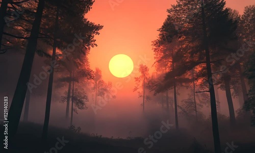 A Misty Forest at Sunset with a Large Sun