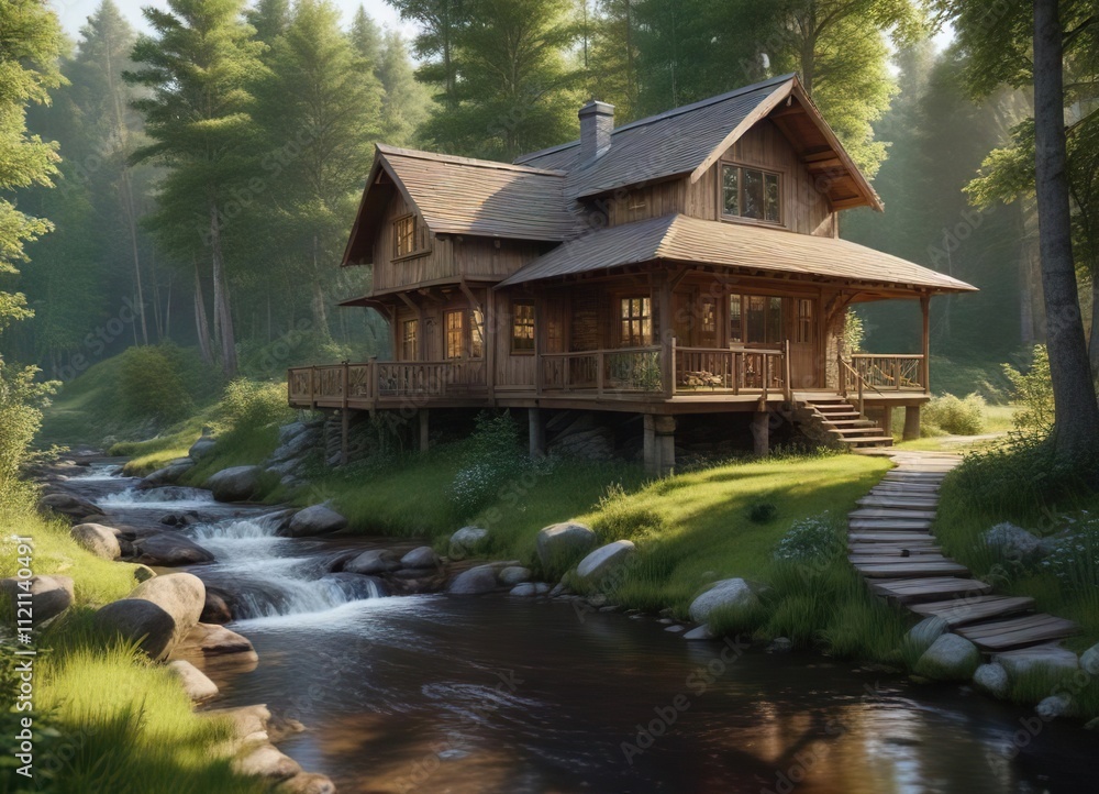 Fototapeta premium wooden house in the woods with a stream running through it, water, river
