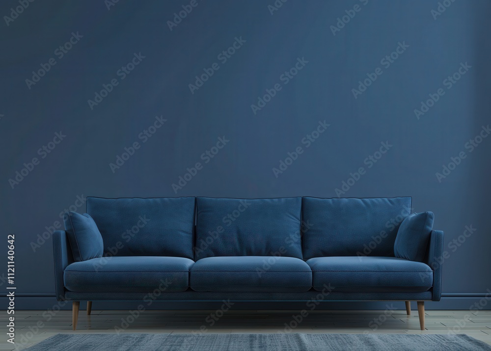 Minimalist living room with a blue sofa in front of a blue wall Minimalist living room with a blue sofa in front of a blue wall