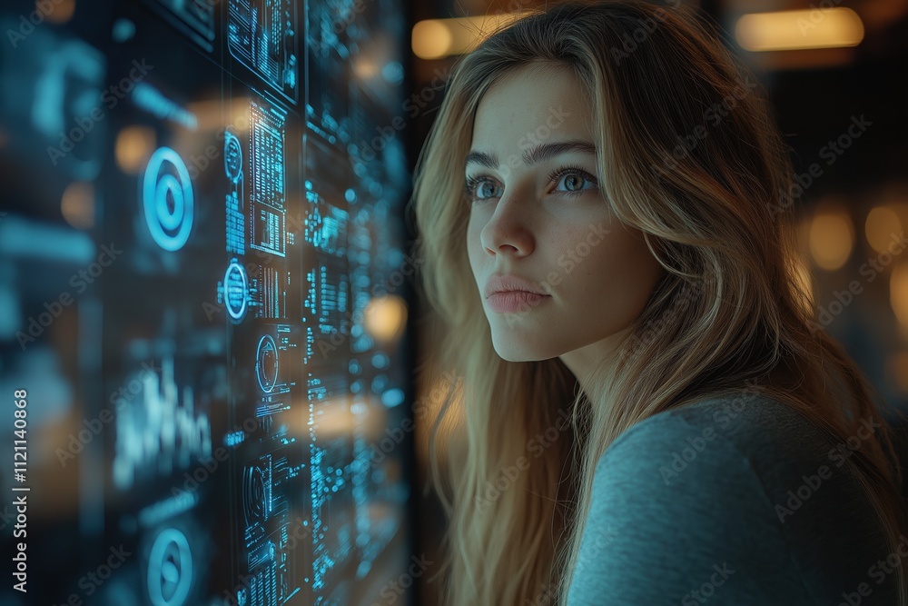 A woman stares at a computer screen with a blue background A woman stares at a computer screen with a blue background