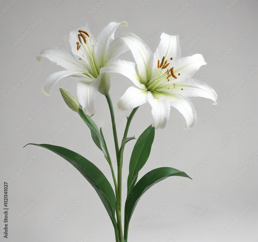 Fototapeta premium White lily stems with delicate green leaves against a minimalist white background , #nature, #delicate