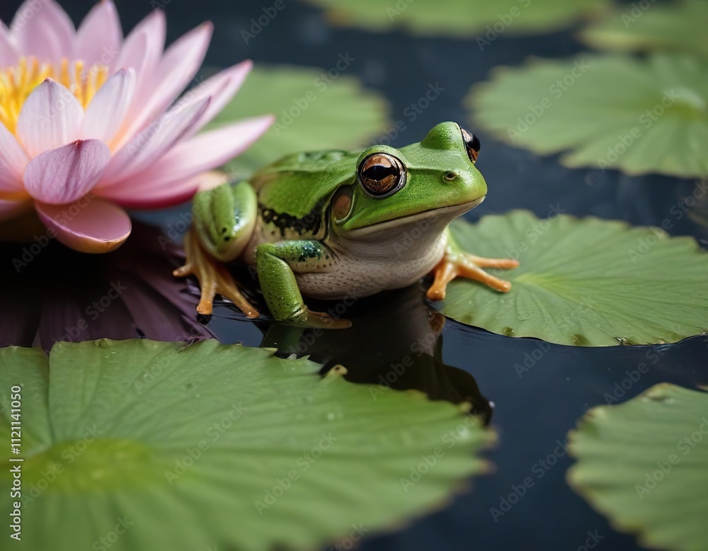 A small green frog perched on the edge of a water lily leaf with delicate ripples in the surrounding water, ripple, pond, serenity A small green frog perched on the edge of a water lily leaf with delicate ripples in the surrounding water, ripple, pond, serenity