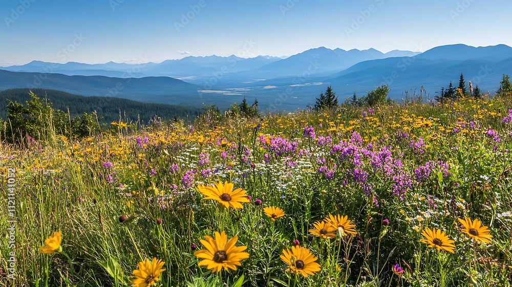 Fototapeta premium A wildflower-covered hillside with a view of distant mountains and a clear blue sky