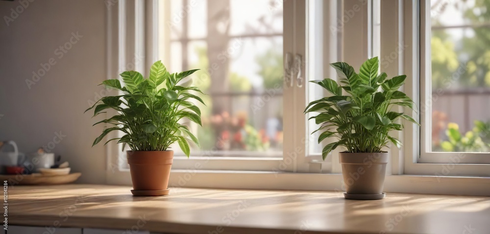 Kitchen table with a plant on the window sill, kitchen decor, calming atmosphere, nature Kitchen table with a plant on the window sill, kitchen decor, calming atmosphere, nature