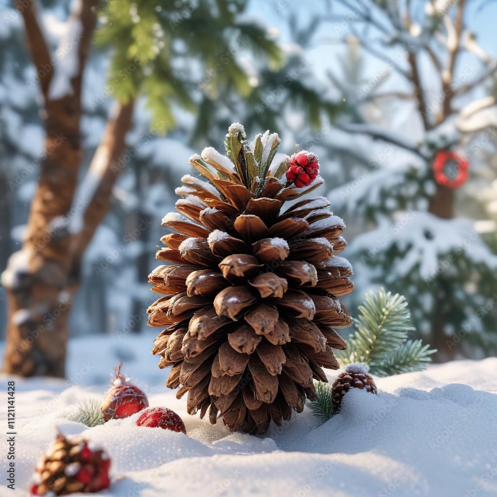 winter scene with a large pinecone and ornaments on a snowy background, large pinecone, snowy woods, frosty landscape winter scene with a large pinecone and ornaments on a snowy background, large pinecone, snowy woods, frosty landscape