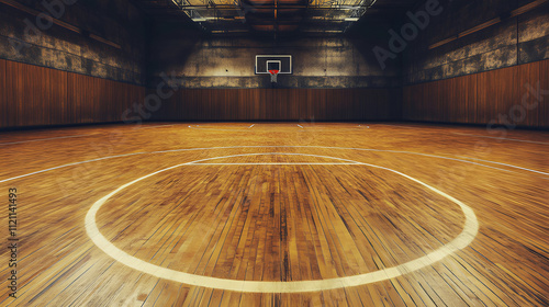 Empty wooden floor basketball court stadium arena photo