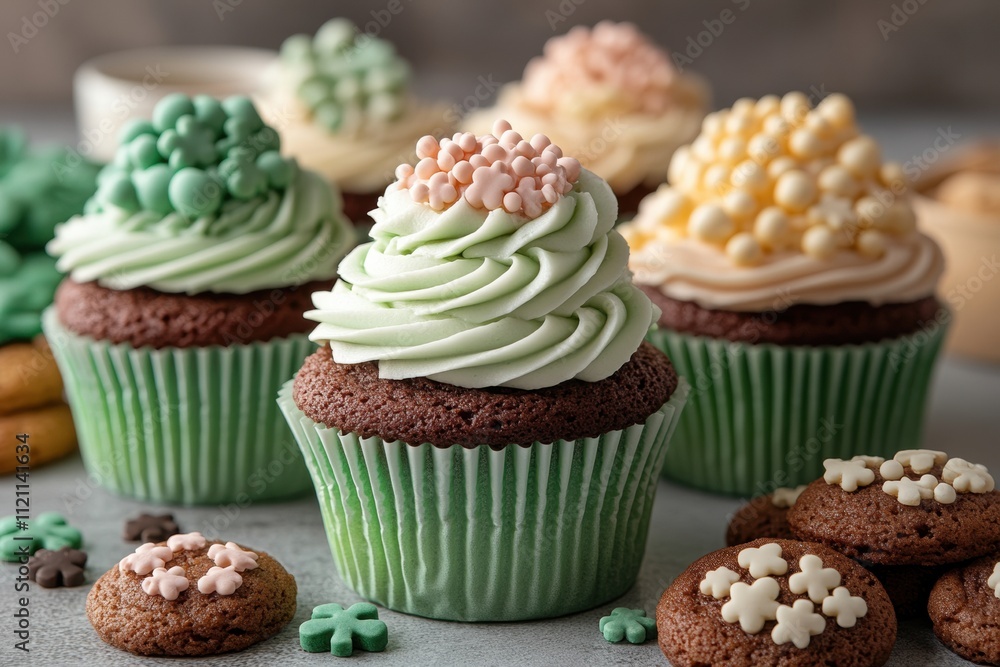 St. patrick's day dessert spread with colorful cupcakes and cookies for celebration and festive decor St. patrick's day dessert spread with colorful cupcakes and cookies for celebration and festive decor