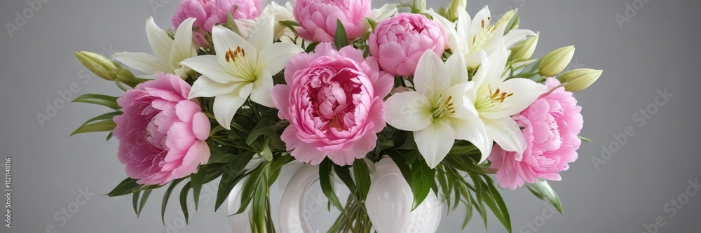 Obraz premium Elegant bouquet featuring pink peonies and white lily flowers in a heart-shaped vase , heart shaped vase, bouquet