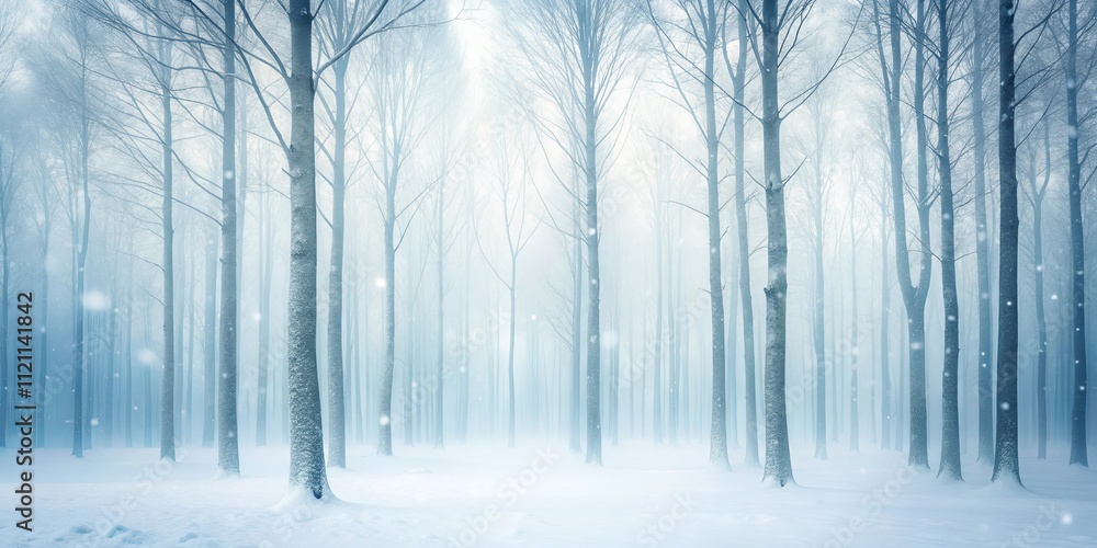 Naklejka premium Serene Winter Woodland Snow Falling Softly on a Misty Forest of Slender Trees