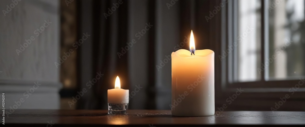 White candle flame burning brightly in a dark room with only a sliver of light peeking through the window, white candle, isolated object White candle flame burning brightly in a dark room with only a sliver of light peeking through the window, white candle, isolated object