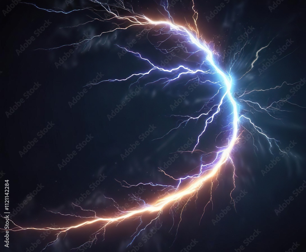 Fototapeta premium Electric arc with blue lightning bolt on dark blue background, flashes, electrical current