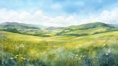 A painting of a field with a blue sky and a few trees