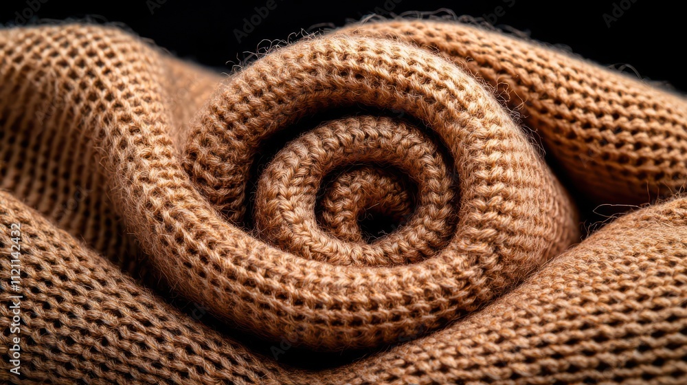 Fototapeta premium Close-up of a rolled brown knitted fabric on a dark background.